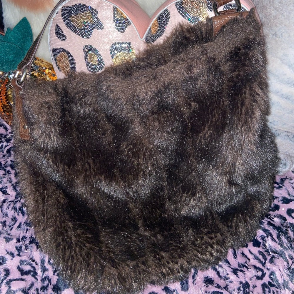 VTG RARE - Large Dark Brown Faux Fur & Leather Shoulder Bag - Picture 11 of 12